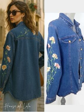 Bob Mackie Blue Denim Jacket with Floral Embroidery. Boho Vintage 90s minimalist